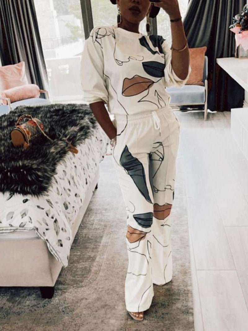 Chic Two - Piece Women's Figure Print Co - Ord Set - Casual Pullover Top & Drawstring Pocket Pants for Spring & Fall - Bela Fils BoutiqueBela Fils Boutique