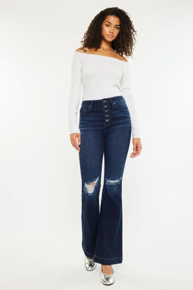 Kancan Button Fly High Rise Distressed Flare Jeans - Bela Fils BoutiqueBela Fils Boutique