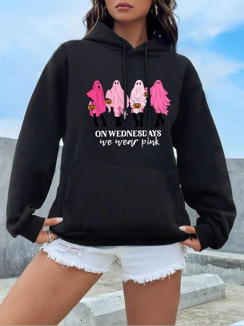 Stylish Women's Ghost & Letter Print Hoodie - Casual Drop Shoulder Sweatshirt with Pockets for Fall & Winter Adventures - Bela Fils BoutiqueBela Fils Boutique