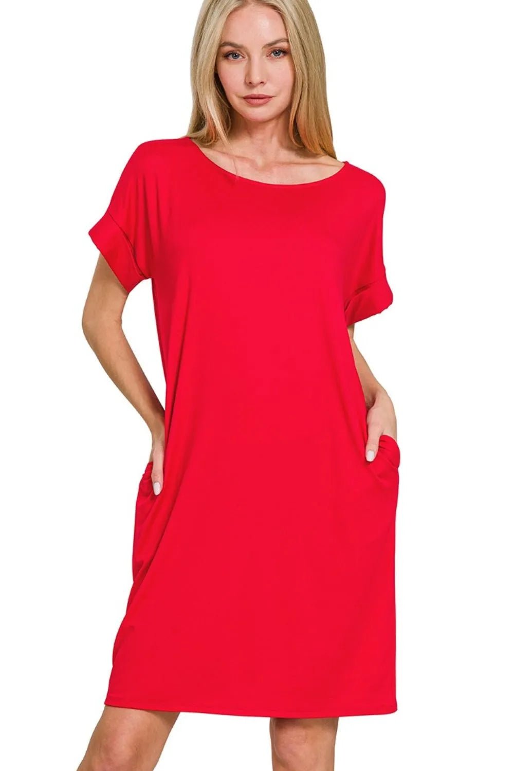Zenana Rolled Short Sleeve Round Neck Dress - Bela Fils BoutiqueBela Fils Boutique