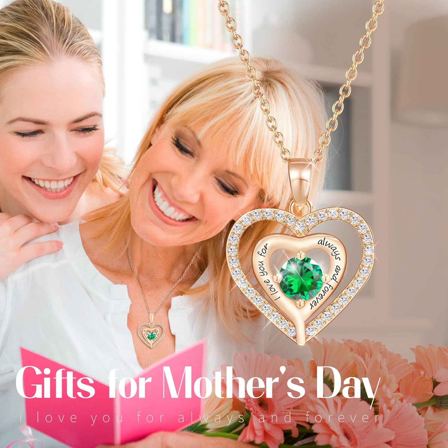 Birthstone Necklaces for Women Heart Necklace Engraved I Love You for Always and Forever Gifts for Girlfriend Mother Daughter Necklace for Mom Gifts, 18 Inch + 2 Inch