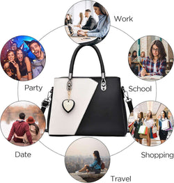 Womens Leather Handbags Purse Top-Handle Bags Contrast Color Stitching Totes Satchel Shoulder Bag for Ladies