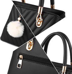 Womens Fashion Leather Handbags Quilted Purses Top-Handle Totes Satchel Bag for Ladies Shoulder Bag for Women with Pompom