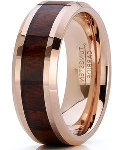 Mens Rosetone Tungsten Carbide Wedding Band Engagement Ring Wood Inlay Comfort-Fit 8Mm 7.5