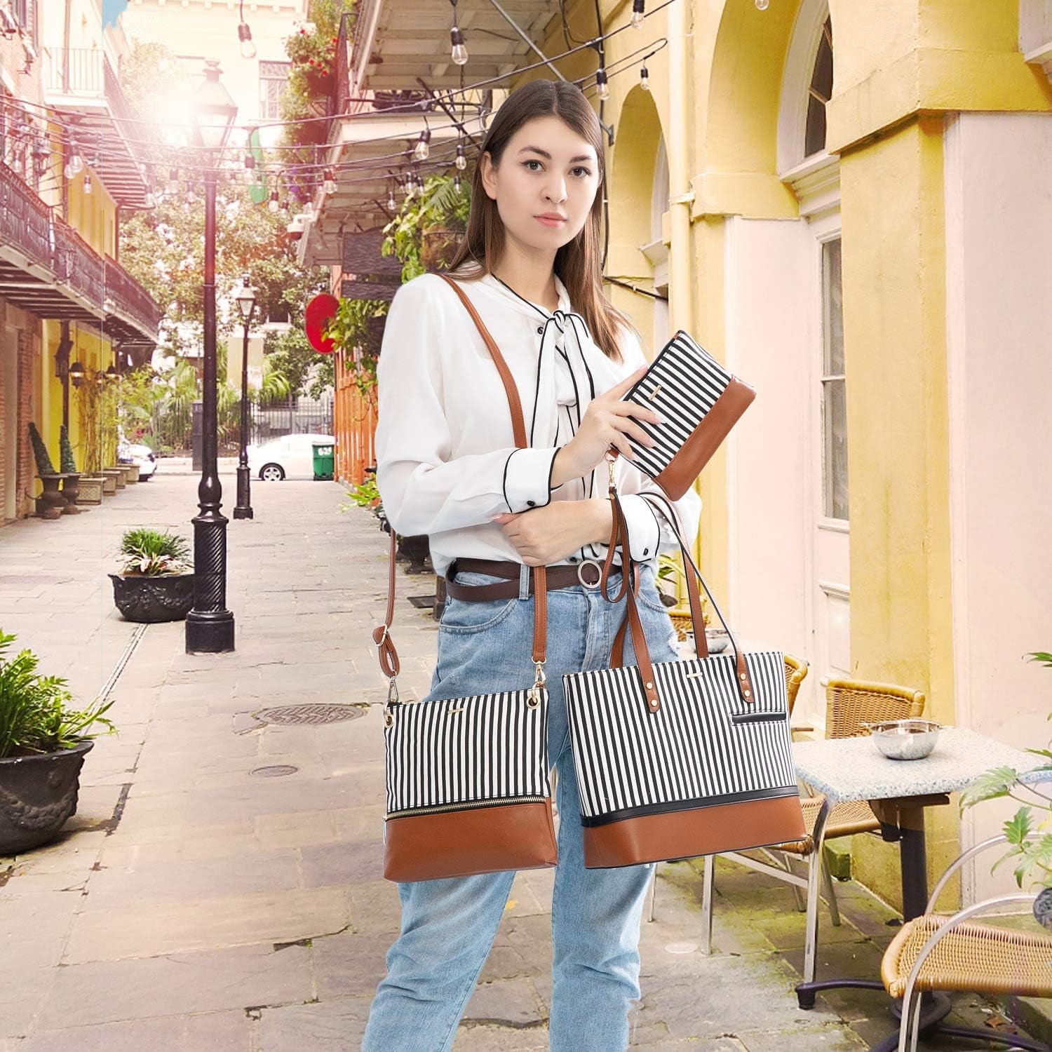 Womens Purses and Handbags Satchel Shoulder Bags Tote Crossbody Top Handle Purse Set 3Pcs Stripes Style,Brown