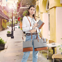 Womens Purses and Handbags Satchel Shoulder Bags Tote Crossbody Top Handle Purse Set 3Pcs Stripes Style,Brown