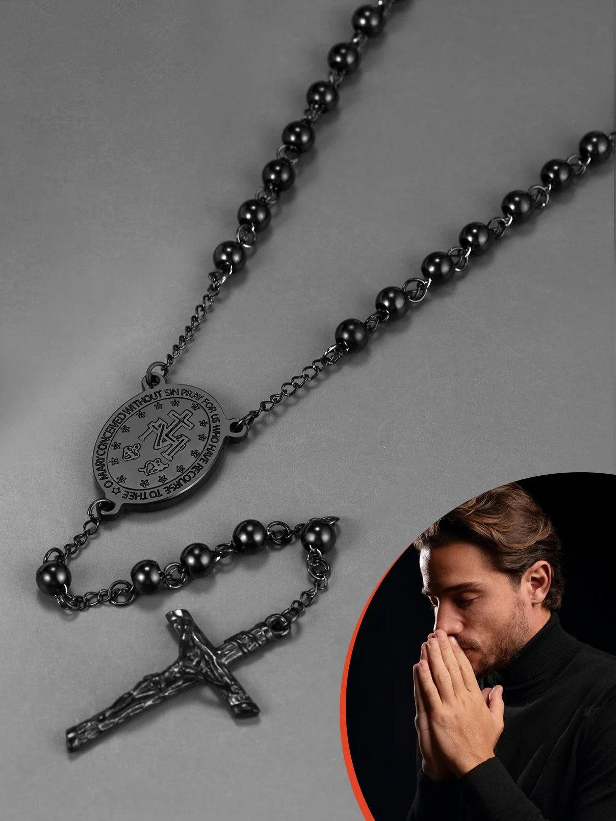 Black Rosary Necklace for Women Men Catholic Virgin Mary Holy Blessed Bead Christian Church Jesus Crucifix Cross Pendant Y Necklace Christmas Jewelry Gift for Mother