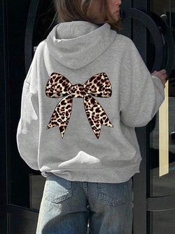 Leopard Print Bowknot Thermal Hoodie - Stylish Casual Sweatshirt with Drawstring Pocket for Fall & Winter Outdoor Wear