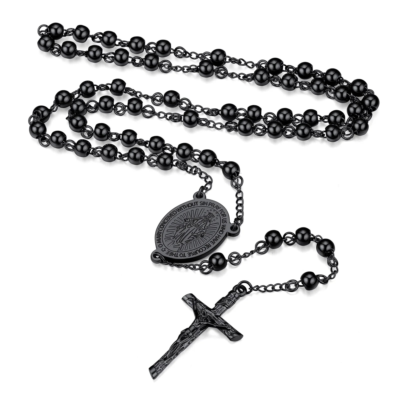 Black Rosary Necklace for Women Men Catholic Virgin Mary Holy Blessed Bead Christian Church Jesus Crucifix Cross Pendant Y Necklace Christmas Jewelry Gift for Mother