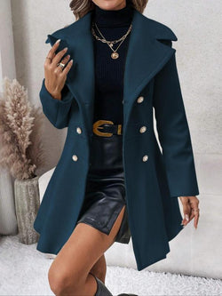 Women'S Solid Color Double Button Lapel Coat, Elegant Fashion Long Sleeve Pocket Design Coat for Daily Outdoor Wear, Women Clothing for Fall & Winter