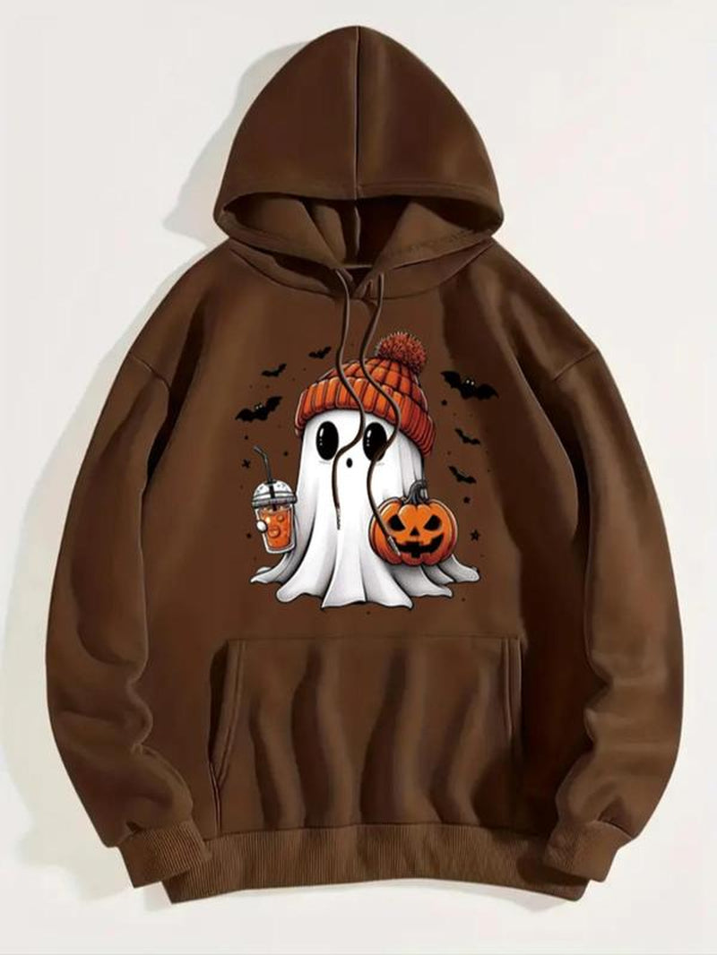 Women'S Ghost Print Thermal Lined Hoodie, Fashion Casual Drawstring Pocket Hooded Sweatshirt for Daily Holiday Outdoor Wear, Women Clothing for Fall & Winter Halloween