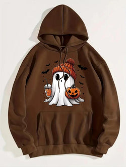 Women'S Ghost Print Thermal Lined Hoodie, Fashion Casual Drawstring Pocket Hooded Sweatshirt for Daily Holiday Outdoor Wear, Women Clothing for Fall & Winter Halloween