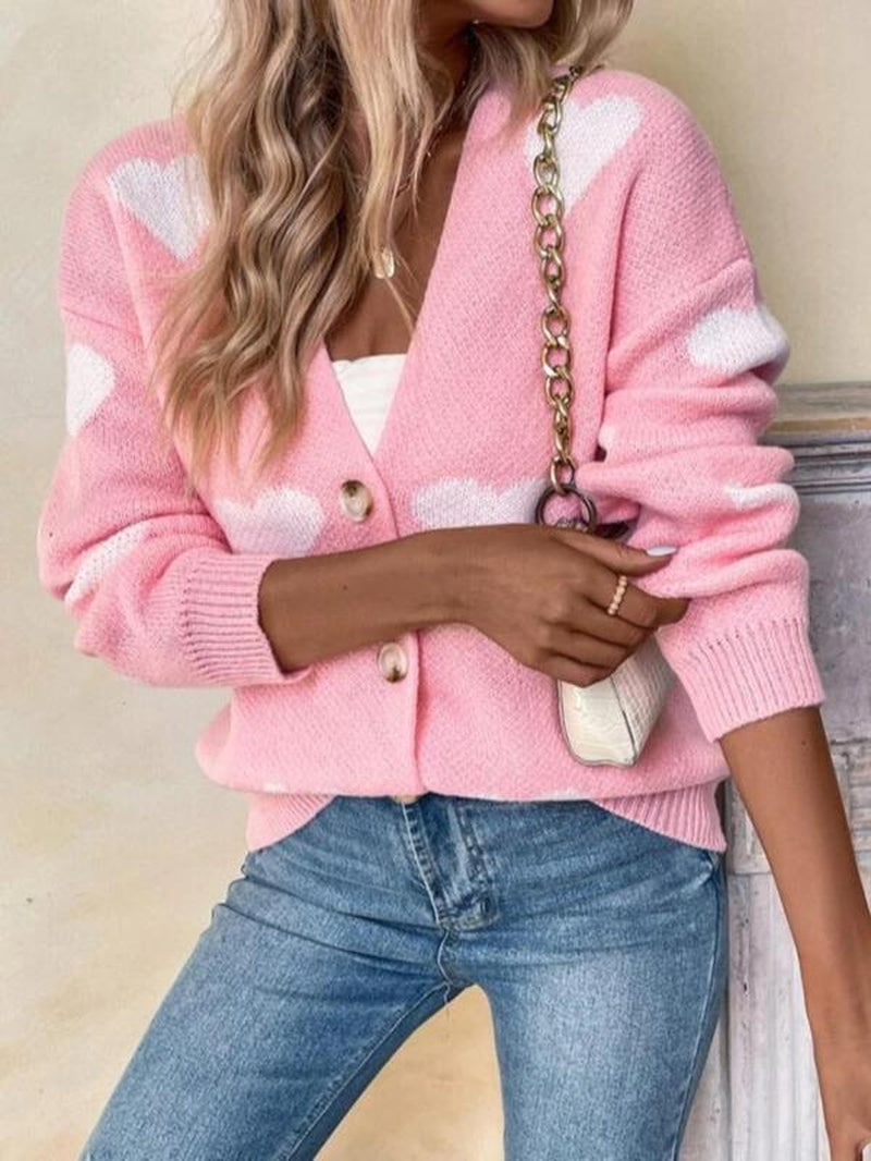 Women'S Heart Print Button Front Drop Shoulder Cardigan, Casual Long Sleeve V Neck Knitwear for Fall & Winter, Women Clothing