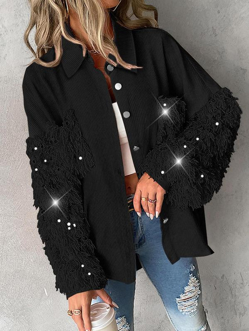 Women'S Colorblock Fuzzy Trim Long Sleeve Jacket, Casual Fashion Button Front Outerwear for Daily Outdoor Wear, Women Clothing for Fall & Winter