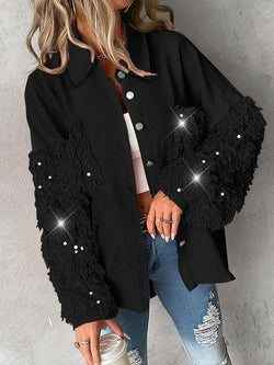 Women'S Colorblock Fuzzy Trim Long Sleeve Jacket, Casual Fashion Button Front Outerwear for Daily Outdoor Wear, Women Clothing for Fall & Winter