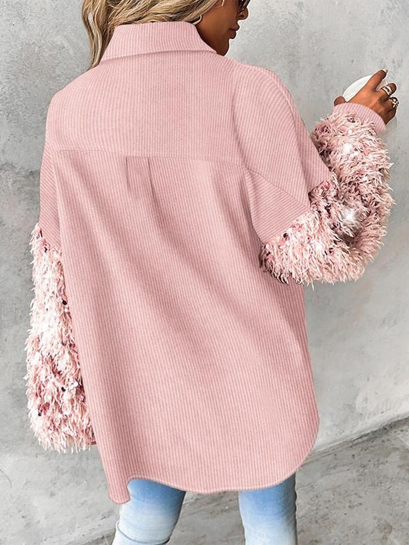 Women'S Colorblock Fuzzy Trim Long Sleeve Jacket, Casual Fashion Button Front Outerwear for Daily Outdoor Wear, Women Clothing for Fall & Winter