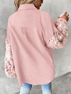Women'S Colorblock Fuzzy Trim Long Sleeve Jacket, Casual Fashion Button Front Outerwear for Daily Outdoor Wear, Women Clothing for Fall & Winter