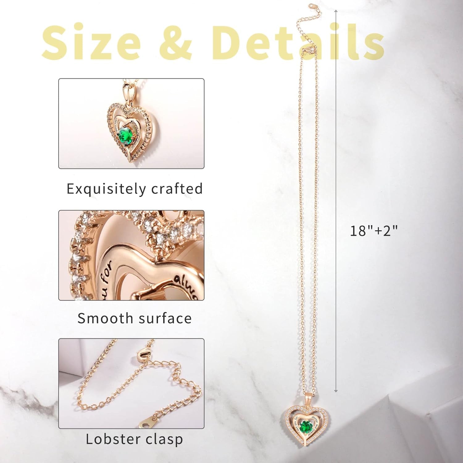 Birthstone Necklaces for Women Heart Necklace Engraved I Love You for Always and Forever Gifts for Girlfriend Mother Daughter Necklace for Mom Gifts, 18 Inch + 2 Inch
