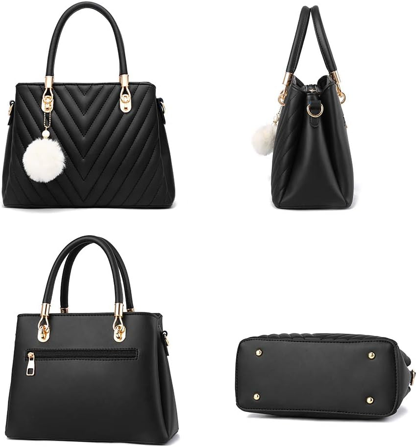 Womens Fashion Leather Handbags Quilted Purses Top-Handle Totes Satchel Bag for Ladies Shoulder Bag for Women with Pompom