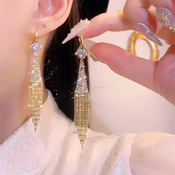 Luxury Shiny Zircon Long Tassel Earrings for Women Exquisite Black Water Drop Earrings Girls Bridal Party Wedding Jewelry Gift