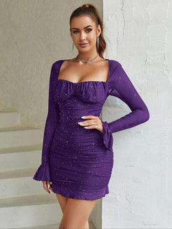 Women'S Glitter Contrast Mesh Long Sleeve Ruched Mini Bodycon Dress, Lady Comfort Casual Elegant Square Neck Lettuce Trim Tight Dresses for Party Dinner Holiday, Party Dress, Birthday Dress for Women Casual