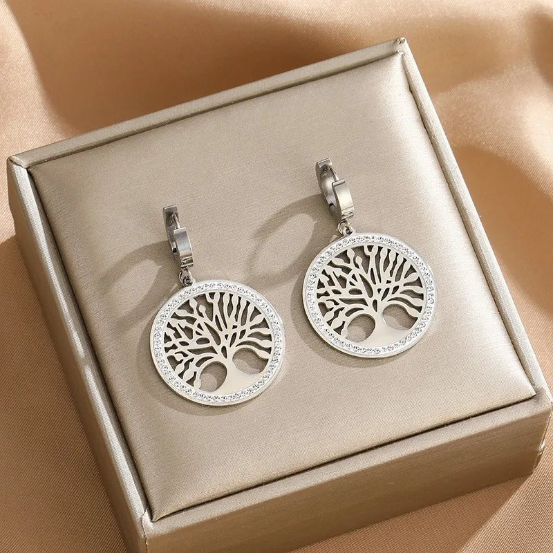 1Pair Stainless Steel Chain Micro Inlaid Zircon Earrings Life Tree Pendant Hip - Hop Women'S Necklace Jewelry Tree of Life Pendant - Bela Fils BoutiqueBela Fils Boutique