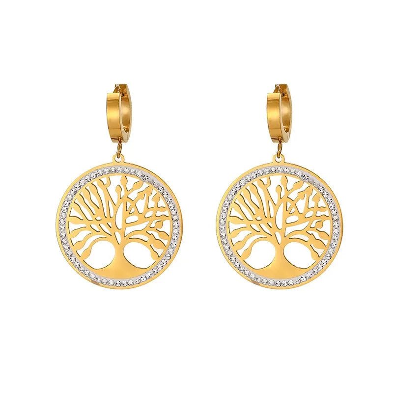 1Pair Stainless Steel Chain Micro Inlaid Zircon Earrings Life Tree Pendant Hip - Hop Women'S Necklace Jewelry Tree of Life Pendant - Bela Fils BoutiqueBela Fils Boutique