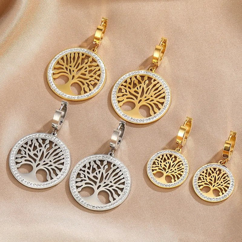 1Pair Stainless Steel Chain Micro Inlaid Zircon Earrings Life Tree Pendant Hip - Hop Women'S Necklace Jewelry Tree of Life Pendant - Bela Fils BoutiqueBela Fils Boutique