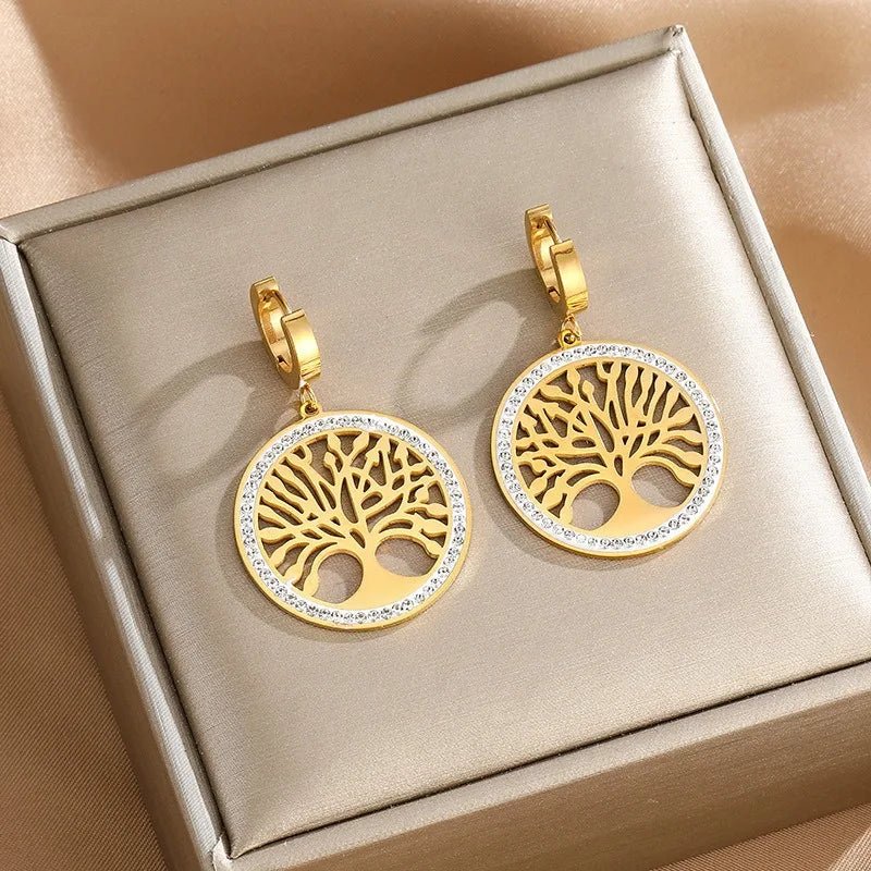 1Pair Stainless Steel Chain Micro Inlaid Zircon Earrings Life Tree Pendant Hip - Hop Women'S Necklace Jewelry Tree of Life Pendant - Bela Fils BoutiqueBela Fils Boutique