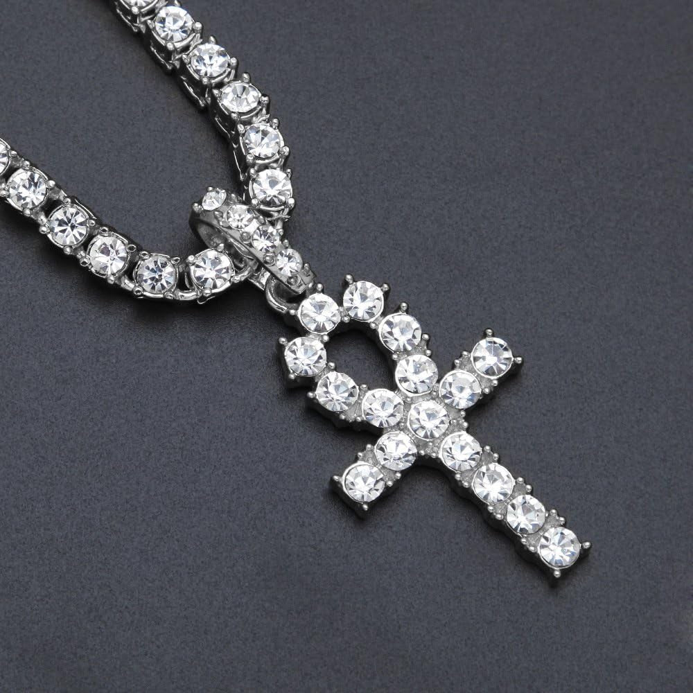 18K Gold Iced Out Cross Pendant 316L Stainless Steel Cuban Link Chain Necklace for Men(Silver Tennis Cross Chain 20Inch)