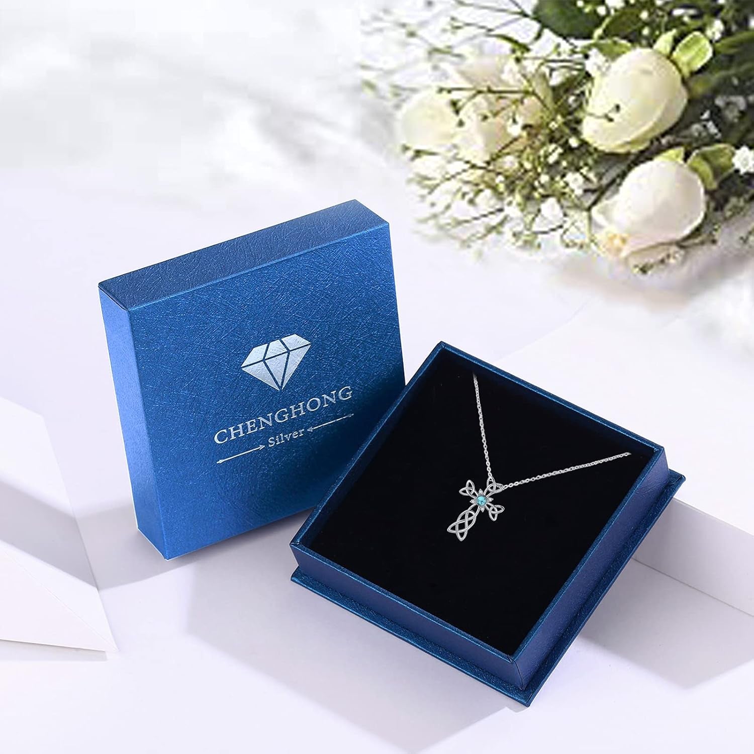 Cross Necklace 925 Sterling Silver Celtic Knot Cross Necklace with round Shape Turquoise Pendant Jewelry Gifts for Women
