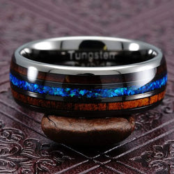 Gunmetal Tungsten Ring for Men Koa Wood Blue Opal Inlaid Wedding Band Promise Size 6-16 (Tungsten, 13.5)