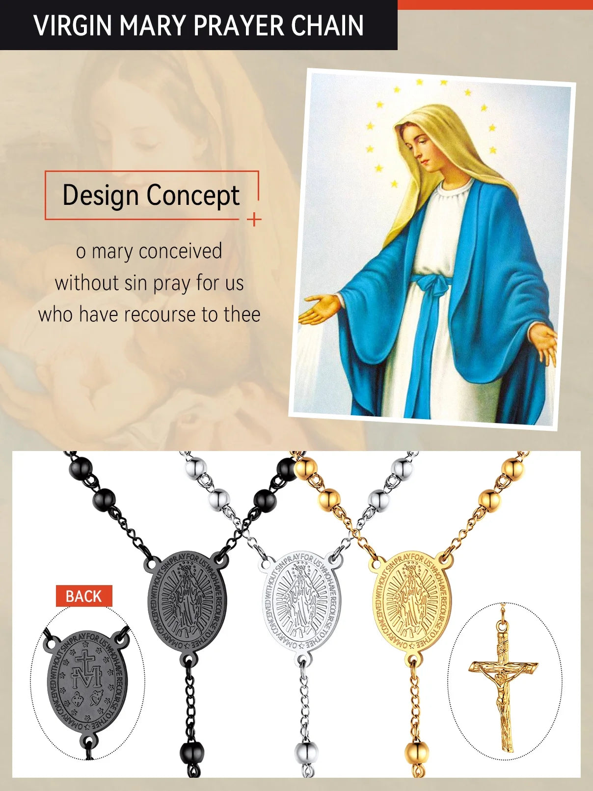 Black Rosary Necklace for Women Men Catholic Virgin Mary Holy Blessed Bead Christian Church Jesus Crucifix Cross Pendant Y Necklace Christmas Jewelry Gift for Mother