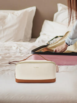Makeup Bag Large Capacity Travel Cosmetic Bag Portable PU Leather Water Resistant Makeup Organizer Bags for Women with Handle and Divider Open Flat Beige with Brown