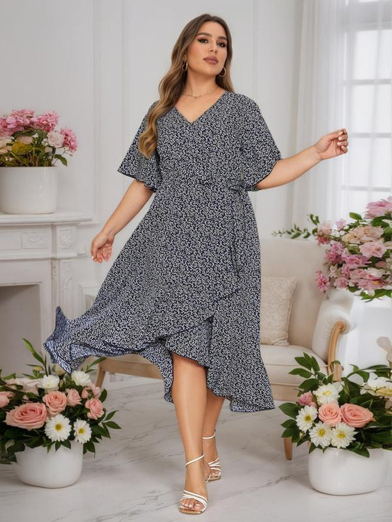 Plus Size Floral Print Ruffle Hem Belted Wrap a Line Dress, Boho Butterfly Sleeve V Neck High Low Midi Dress, Women Clothing for Spring & Fall