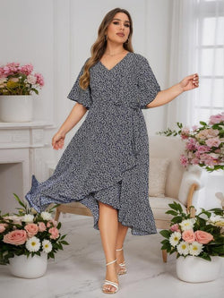Plus Size Floral Print Ruffle Hem Belted Wrap a Line Dress, Boho Butterfly Sleeve V Neck High Low Midi Dress, Women Clothing for Spring & Fall