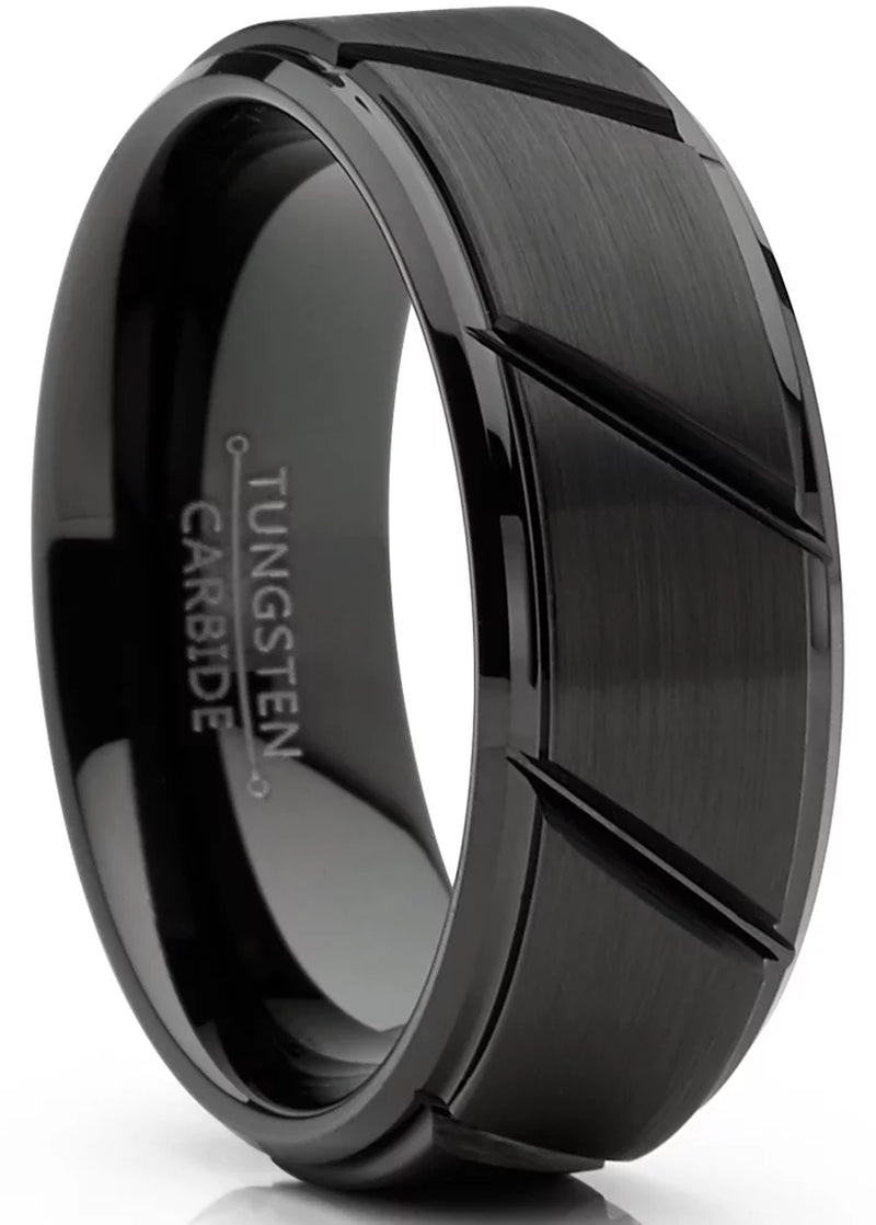 Mens Tungsten Ring Black Grooved Wedding Band Beveled Edges Comfort-Fit 8Mm