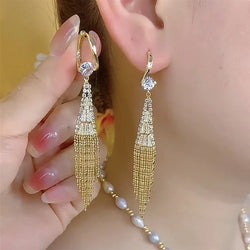 Luxury Shiny Zircon Long Tassel Earrings for Women Exquisite Black Water Drop Earrings Girls Bridal Party Wedding Jewelry Gift