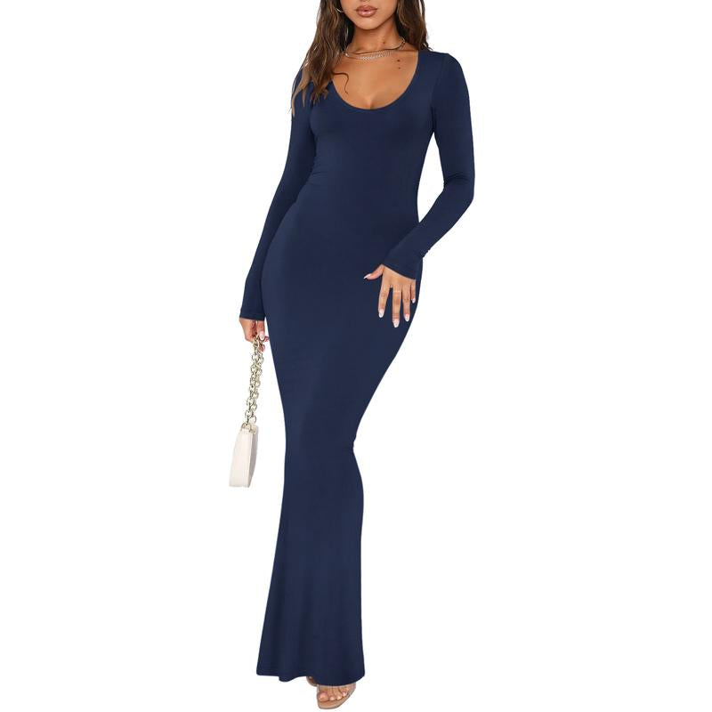 REORIA Tiktokshopbacktoschool Mother'S Day Gift Women'S Sexy Scoop Neck Long Sleeve Lounge Long Dress Summer Outdoorfun Ribbed Bodycon Maxi Dresses Fall Winter Layer Casual Fabric