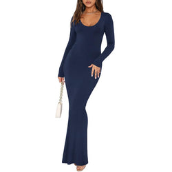 REORIA Tiktokshopbacktoschool Mother'S Day Gift Women'S Sexy Scoop Neck Long Sleeve Lounge Long Dress Summer Outdoorfun Ribbed Bodycon Maxi Dresses Fall Winter Layer Casual Fabric
