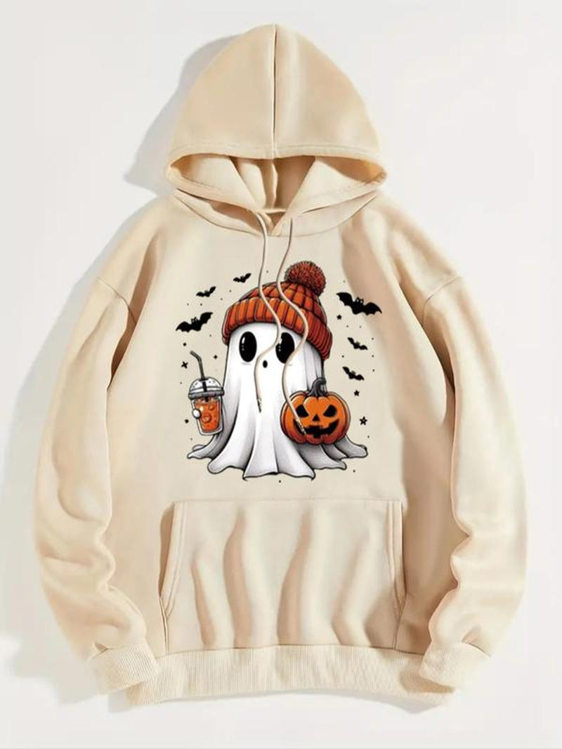 Women'S Ghost Print Thermal Lined Hoodie, Fashion Casual Drawstring Pocket Hooded Sweatshirt for Daily Holiday Outdoor Wear, Women Clothing for Fall & Winter Halloween