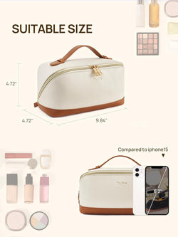 Makeup Bag Large Capacity Travel Cosmetic Bag Portable PU Leather Water Resistant Makeup Organizer Bags for Women with Handle and Divider Open Flat Beige with Brown
