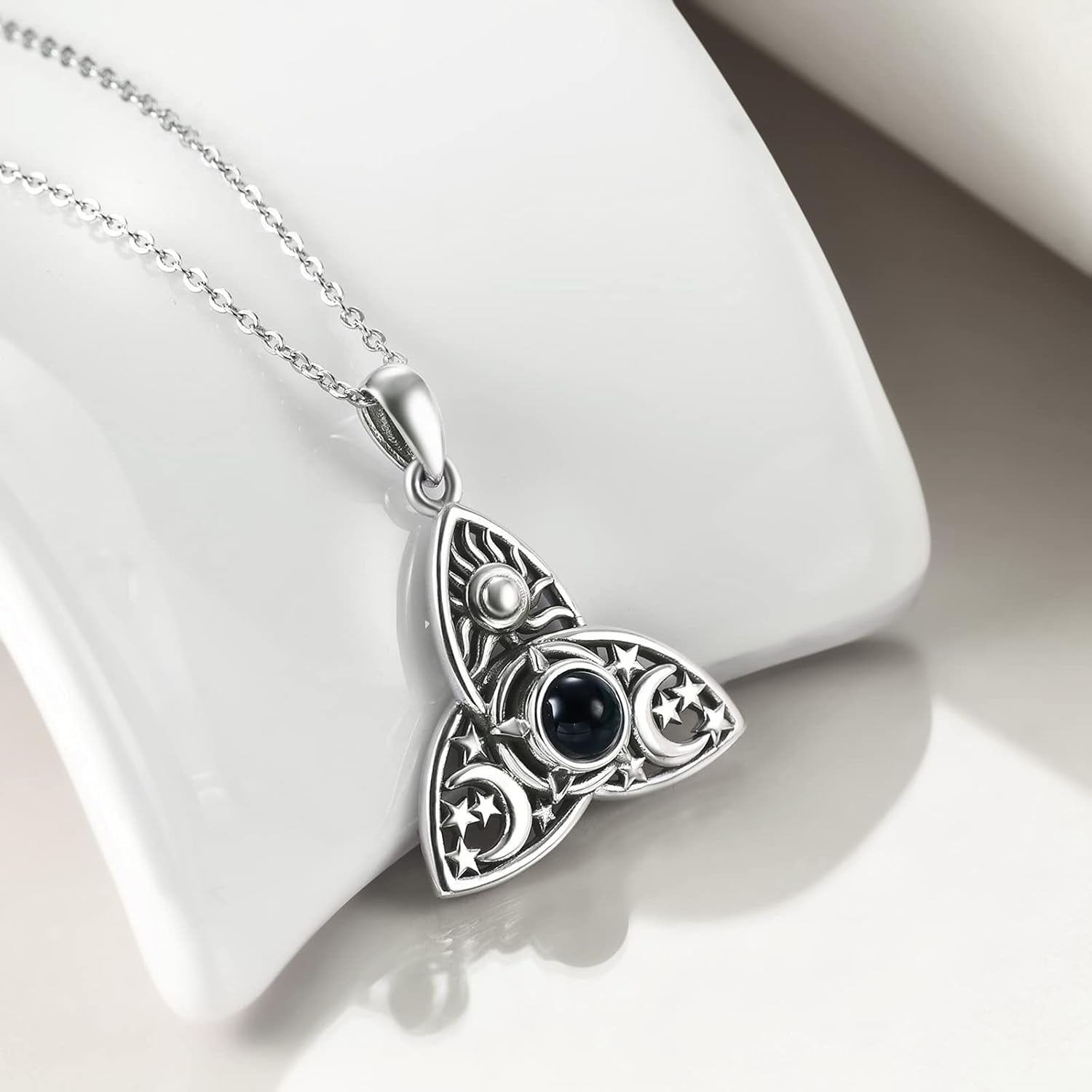 Triple Moon Goddess Triquetra Necklace Sterling Silver I Love You 100 Languages Pentagram Pentacle Pendant Necklace Pagan Wiccan Jewelry for Women Men