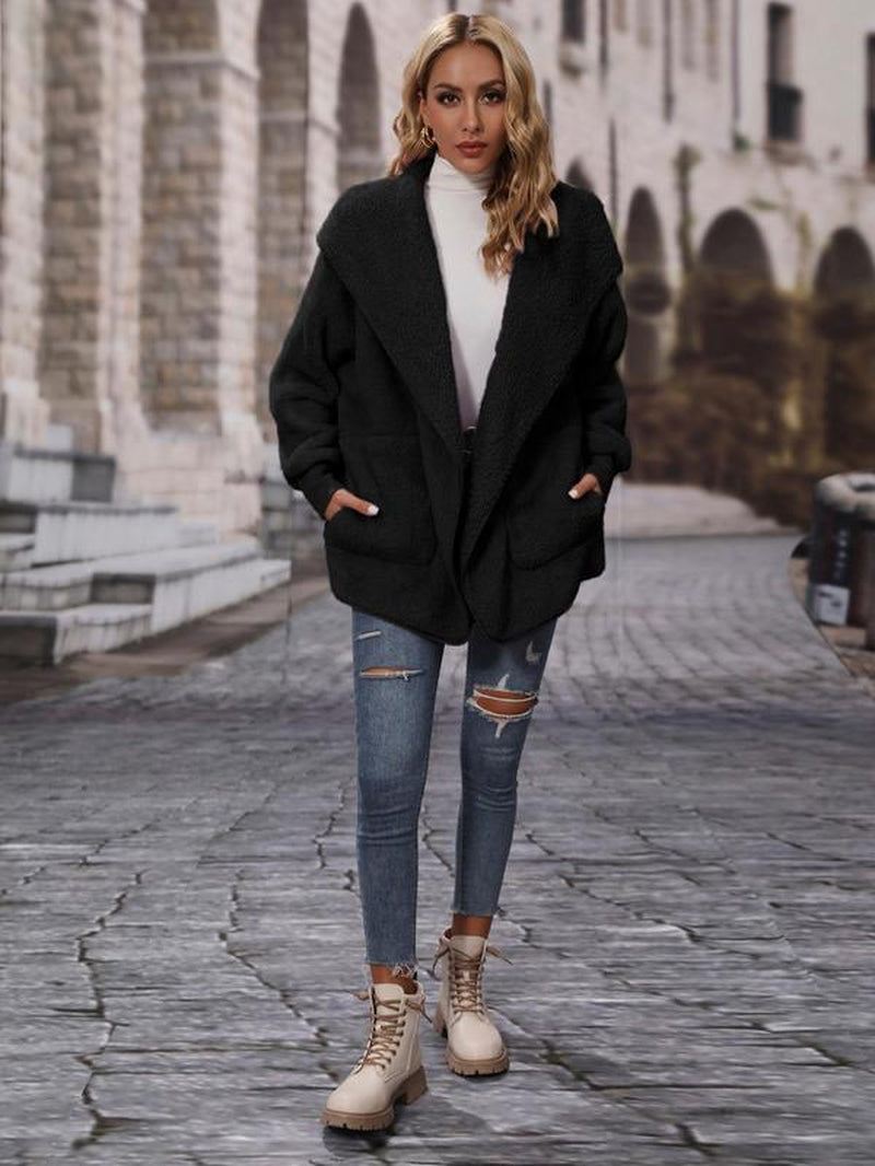 Women'S Solid Drop Shoulder Hooded Coat, Fashion Casual Pocket Coat for Daily Outdoor Wear, Women Clothing for Spring & Fall