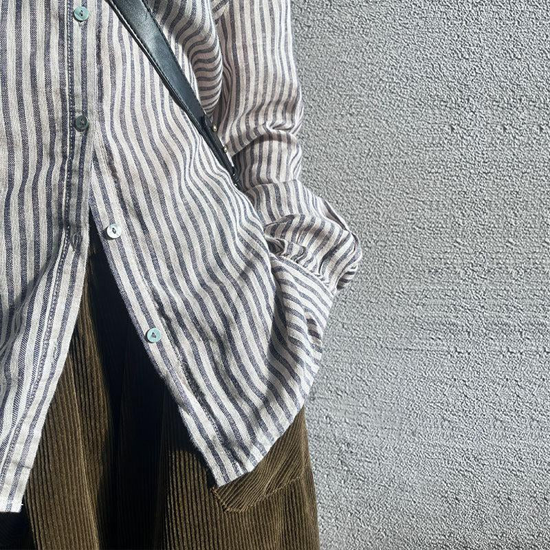 Non Printed Linen Striped Shirt Women Pring Autumn Bandage Dress Long Sleeved Cardigan Niche Casual Shirt Cotton Linen Women Clothing