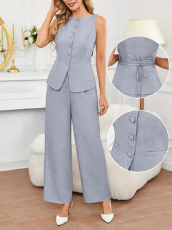 Chic Women's Solid Color Button Front Vest & Wide Leg Pants - Elegant Summer Casual Outfit for Every Occasion