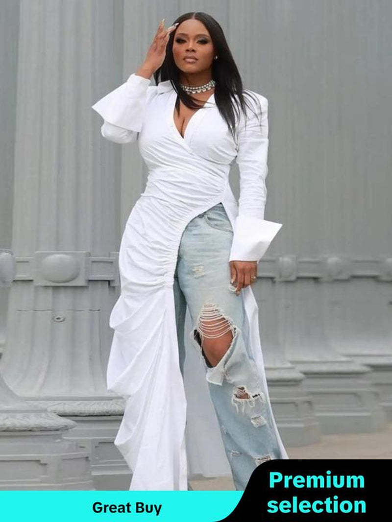 Women'S Plain Ruched Split Hem V Neck Long Blouse, Fashion Casual Asymmetrical Hem Long Sleeve Collared Top for Daily Outdoor Wear, Women Clothing for Fall & Winter, Going Out Tops, Fall Clothing Women， Blouse for Women， Fashion Blouse
