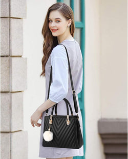 Womens Fashion Leather Handbags Quilted Purses Top-Handle Totes Satchel Bag for Ladies Shoulder Bag for Women with Pompom