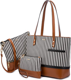 Womens Purses and Handbags Satchel Shoulder Bags Tote Crossbody Top Handle Purse Set 3Pcs Stripes Style,Brown