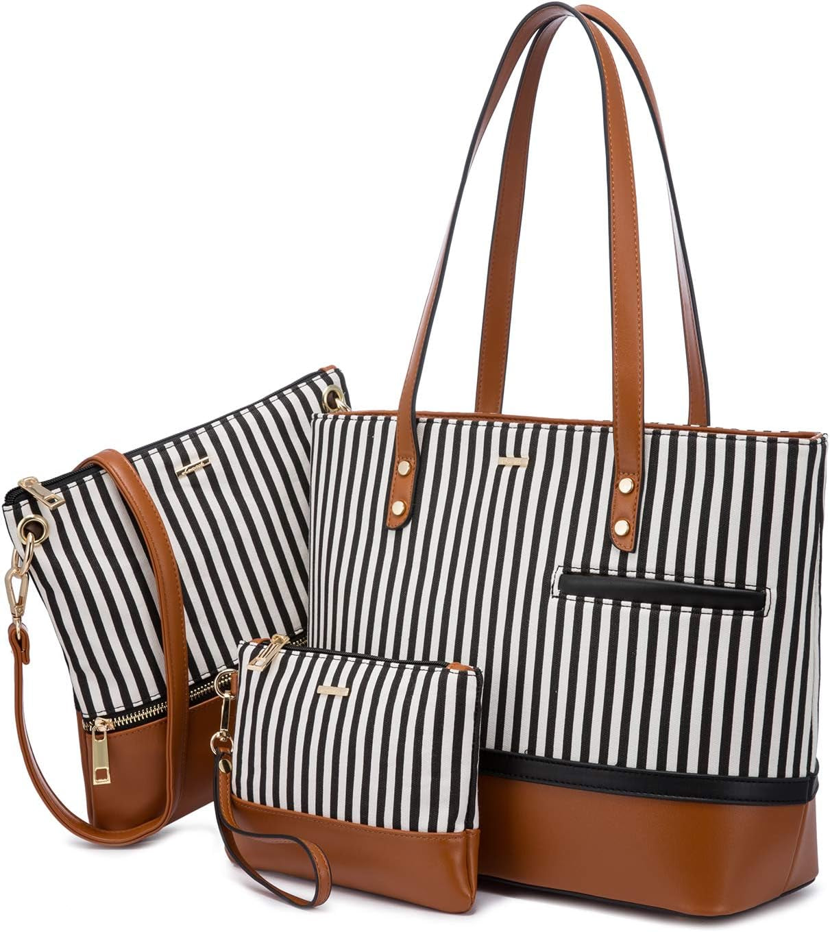 Womens Purses and Handbags Satchel Shoulder Bags Tote Crossbody Top Handle Purse Set 3Pcs Stripes Style,Brown